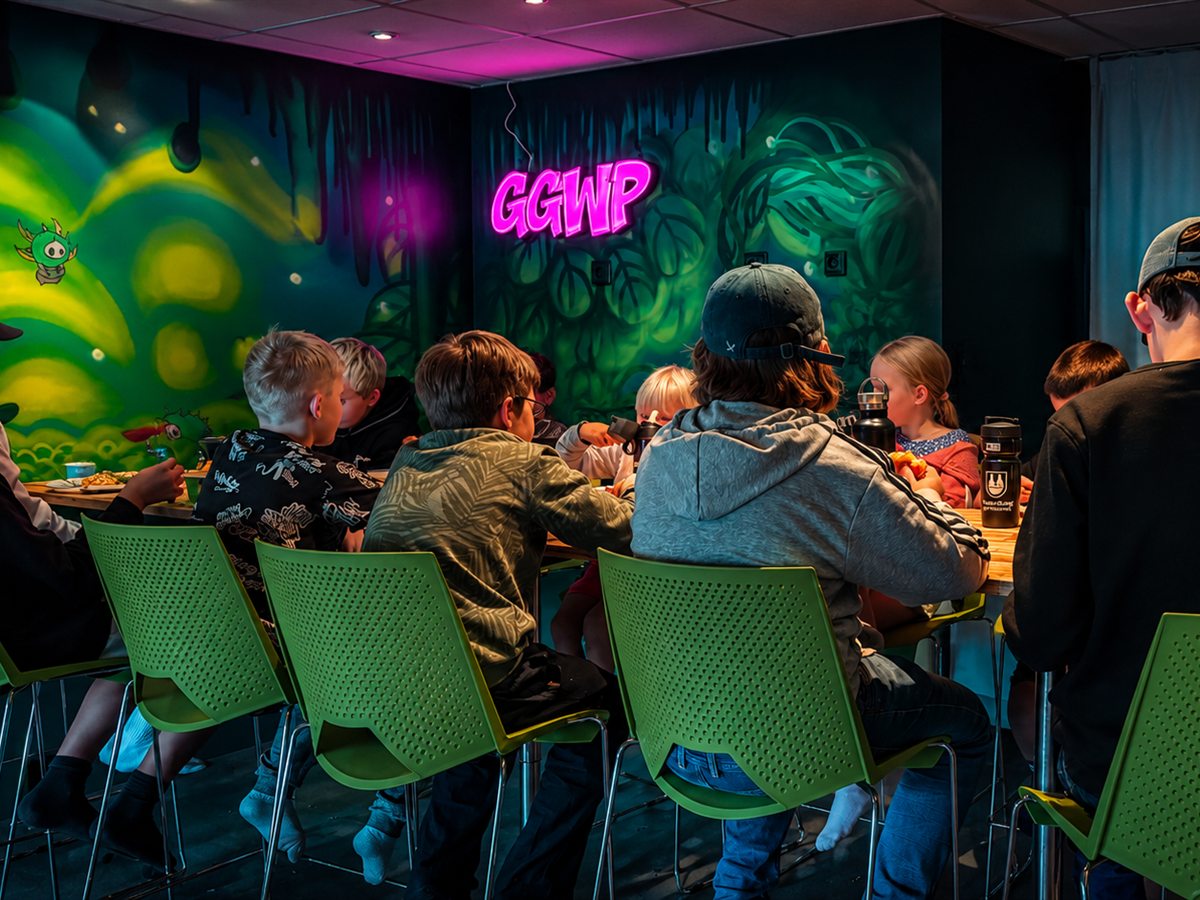 Lounge och figurvägg i E-Sports Academys lokal